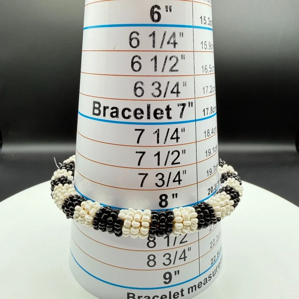 Black White Seed Bead Bangle Bracelet Boho Stretch Statement Handmade Gift Chic